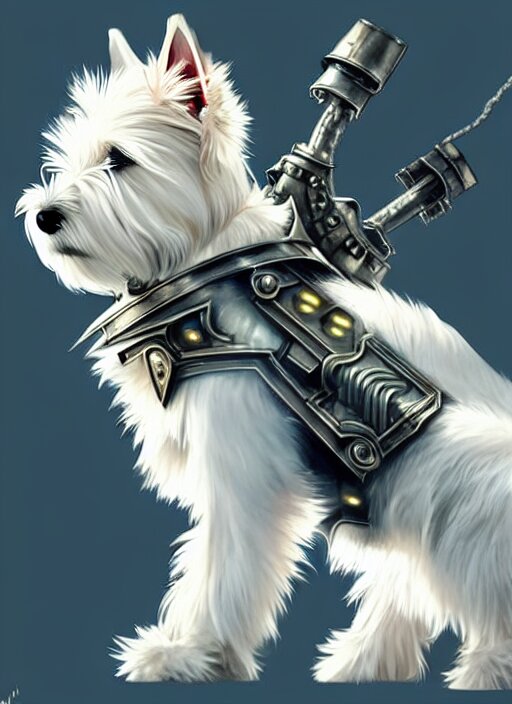 a west highland white terrier barking, anime art style, wearing futuristic, led - lit armor, and a cannon mounted on his back, portrait, high detail, sharp focus, digital painting, artstation, concept art, art by hayao miyazaki and artgerm and greg rutkowski and alphonse mucha. 