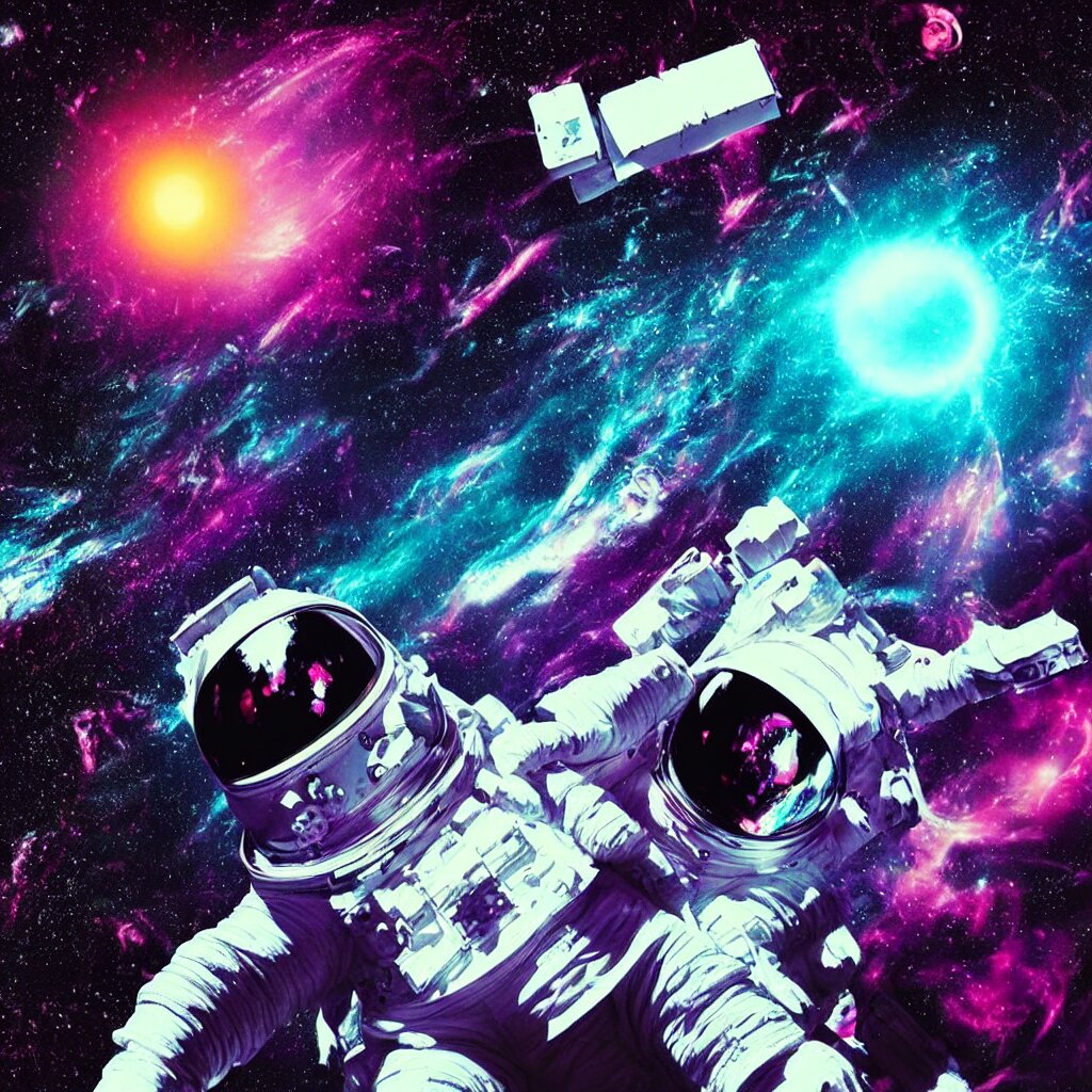 an astronaut being sucked into a blackhole, glitches and reflections shining off of the holographic patterns - synthwave-like, neon-lit. add in some abstract patterns and patterns created by the blackhole