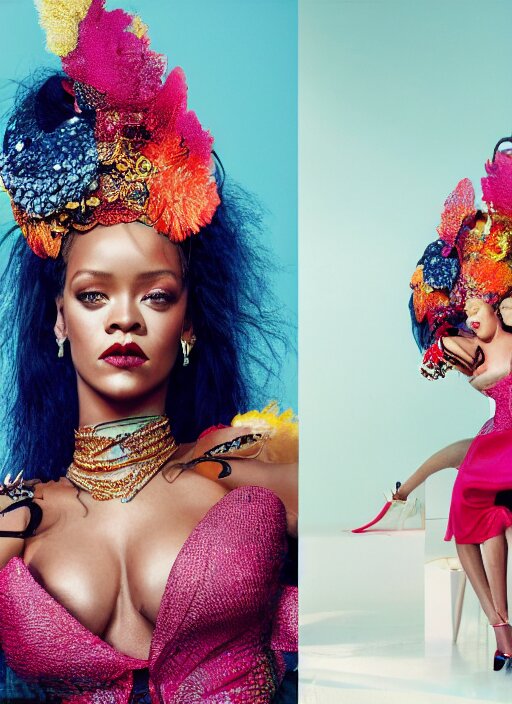 rihanna styled by nick knight, colourful clothing, intricate headpiece, posing, high fashion classy, glamour, full body shot, set pieces, intricate set, vogue magazine, canon, highly realistic. high resolution. highly detailed. dramatic. 8 k. 4 k. converted to anime