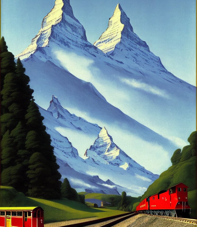 an achingly beautiful print of a train in front of the matterhorn by raphael, hopper, and rene magritte. detailed, golden ratio, romantic, enchanting, trending on artstation