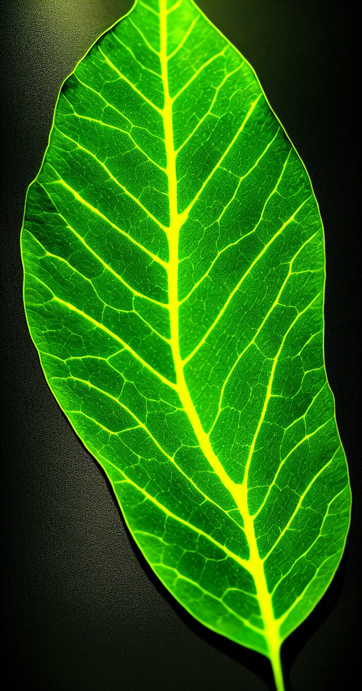 realistic photo of texture of a one big glowing leaf, very dark background, full leaf is visible, very sharp focus, in the style of greg rutswoski, very hyper realistic, highly detailed, fantasy art station