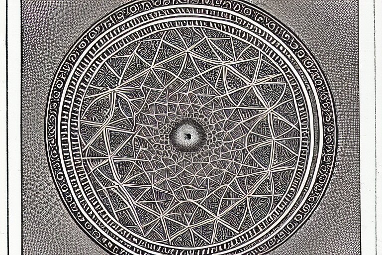 an ornate illustration in the styles of mandalas and fractals, the styles of escher and penrose, depicting a weasel staring deep into the heart of the impossible all - and - nothing of the emerging singularity ; / what has god wrought? / he seems to be whispering.