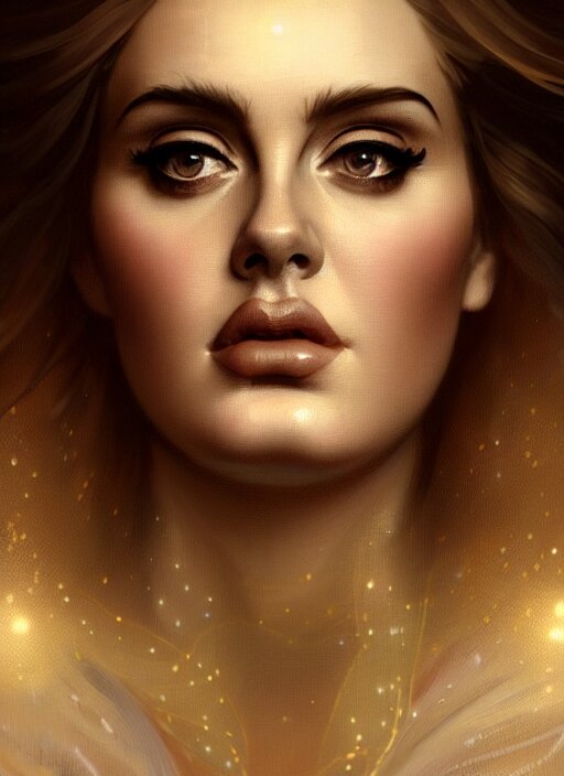 Portrait of adele, with intricate, elegant, glowing lights and a smooth, sharp focus, art by wlop, alphonse mucha and greg rutkowski. Add a dramatic flair