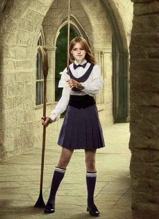 emma watson as hermione granger in her school uniform, holding her wand, photo shoot, hot. change to a shirtless emma watson as hermione granger, holding her wand