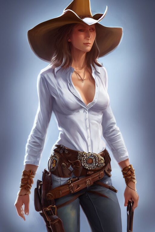 full body, female cowgirl, perfect face, white blouse, holster, 8 k, magic the gathering, desert, d & d, artstation, high detail, rough, sweaty character concepts by senior concept artist. give her a dirtbag look.