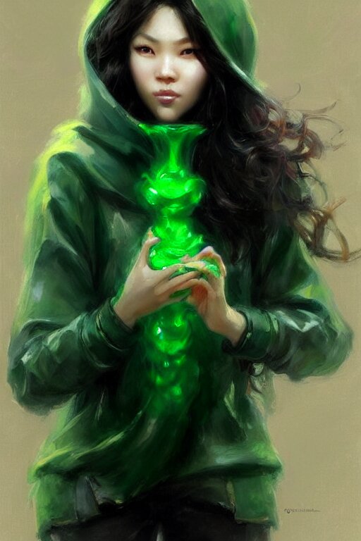 an asian woman with emerald eyes and emerald hair that curls in the end, green aura, black hoodie, make her eyes turquoise and more beautiful painting by daniel gerhartz, alphonse murac, detailed art, artstation. make her eyes turquoise and make her more beautiful