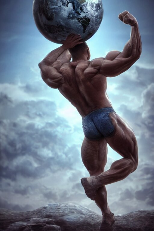 his muscles are silhouetted against the blue sky