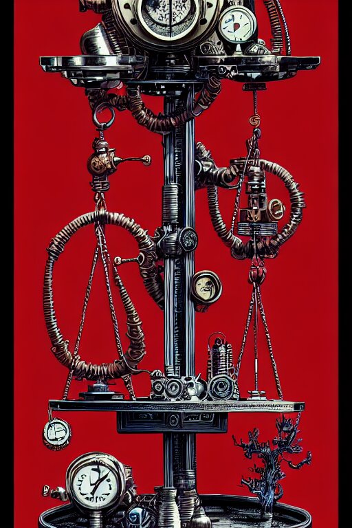 a steampunk alchemists ancient balance scale, furniture, high details, bold line art, by vincent di fate and joe fenton, inking, etching, screen print, masterpiece, trending on artstation, sharp, high contrast, hyper - detailed,, hd, 4 k, 8 k 