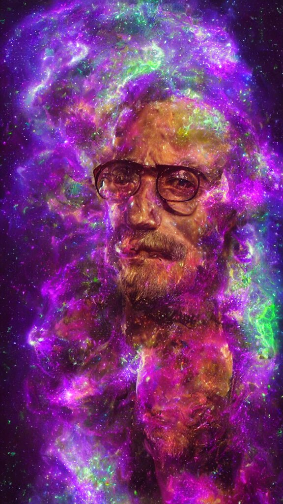 terrance mckenna protrait in a nebula with fractals and mushrooms, vivid psychadelic colorful purple, 8 k, high deatil, artstationhd, smoke mirrors