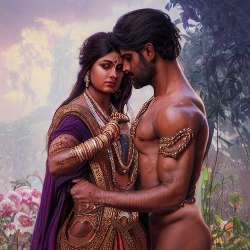 portrait painting of dark muscular indian royal couple hugging, ultra realistic, concept art, intricate details, eerie, highly detailed, photorealistic, octane render, 8 k, unreal engine. art by artgerm and greg rutkowski and alphonse mucha