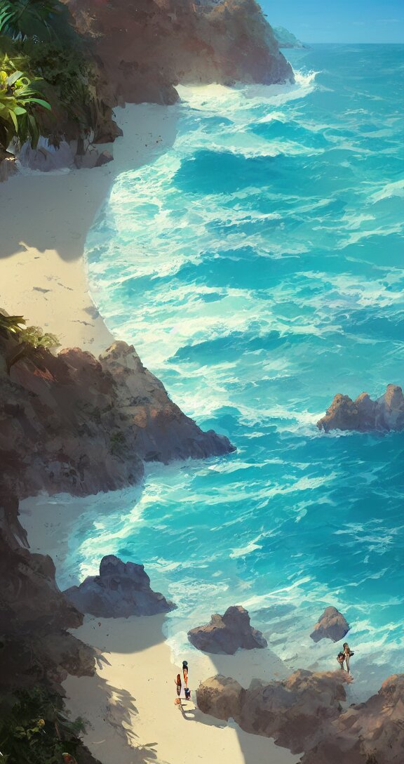 A long and winding beach, tropical, bright, simple, by Studio Ghibli and Greg Rutkowski, with an iris make it artstation. make it an iris