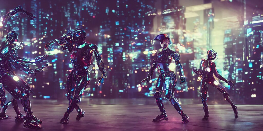 Cyberpunk android chrome Robots running in a dramatic movie scene with dynamic dancer movements and motion blur and bokeh, shot on imax, cinematic scene, cinematographic composition, CineStill 800T Film with dazzling neon lights. Add some dazzling neon lights