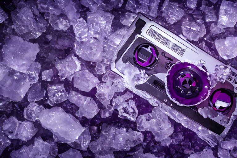 one purple cassette tape, surrounded by ice, cold, studio photo, unreal engine, 8k