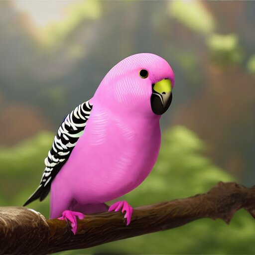 an oil painting of a pink budgie with black spots, full hd, ue5, ue4, unreal engine 5, artstation. Add a pink feather to the budgie's head