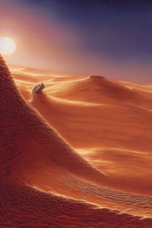 a sandworm on arrakis, god emperor of dune by david a hardy and noriyoshi ohrai, highly detailed, cinematic composition, trending on artstation