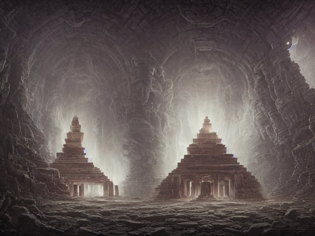 A picture of a mysterious ancient temple with geometric patterns and tentacles coming out of the entrance art by Noah Bradley, Darek Zabrocki, Jorge Jacinto, Pablo Carpio, Tuomas Korpi, Gilles Beloeil, Jordan Grimmer, Victor Mosquera, Maciej Kuciara, Tyler Edlin and Natasha Tan, ominous, cosmic horror, trending on artstation, Ultra detailed, hyper realistic, 4k