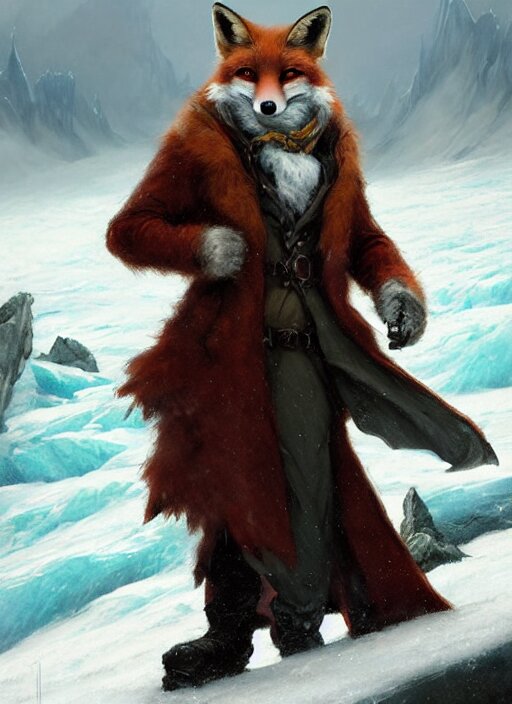 An anthropomorphic fox man wearing a long coat walking across a glacier, paws, blizzard, character illustration by aaron miller, greg rutkowski, thomas kinkade, howard pyle, disney, el greco, cynthia sheppard