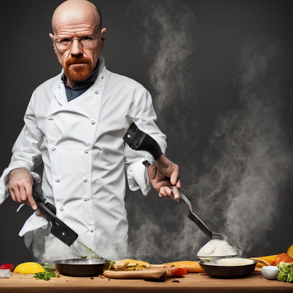 Heisenberg, photo, 4 k: heisenberg, cooking. Add a kitchen knife in his hand to emphasize the cooking motif.