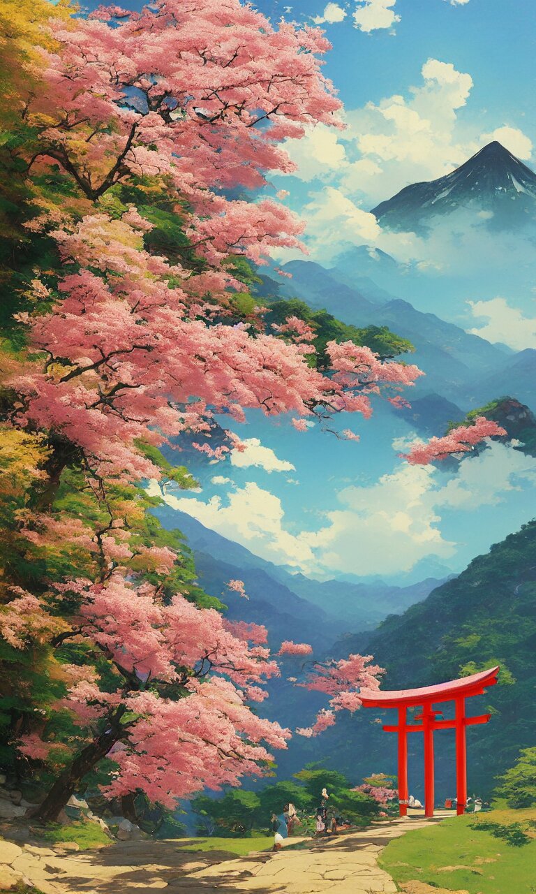 a  traditional Japanese HGUE GAINT quite Torii on a mountain，sunshine, pink petals fly, MAPLE TREE, by studio ghibli painting, wide angle , low-angle shot, by Joaquin Sorolla rhads Leyendecker, by Ohara Koson and Thomas Kinkade, traditional Japanese colors, superior quality, masterpiece