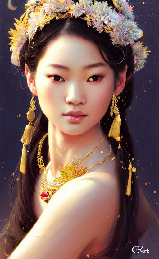 A beautiful young charming asian goddess with sundress and jewelry | | Winter, realistic shaded, unpleasant face, good looking, fine details, Dior, realistic shaded lighting by Greg Rutkowski, Takahashi Macoto, Magali Villeneuve, Artgerm, Jeremy Lipkin and Michael Garmash. make her pretty and elegant