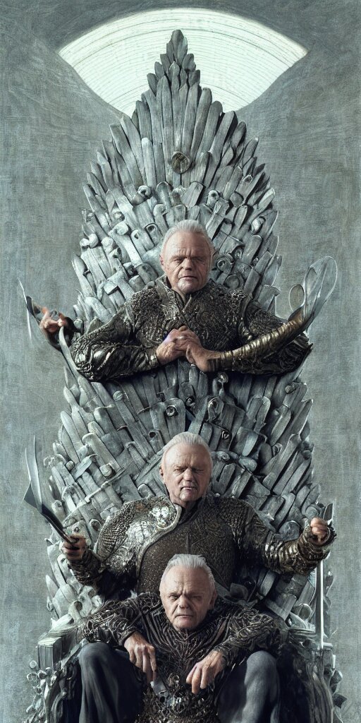 anthony hopkins, majestic king on a throne, dungeons and dragons, fame of thrones masterpiece by edgar maxence and ross tran and michael whelan, gustav dore, 8 k, octane render