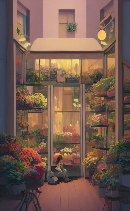 cute cozy florist store, surreal cinematic illustration, by atey ghailan and escher and edward hopper