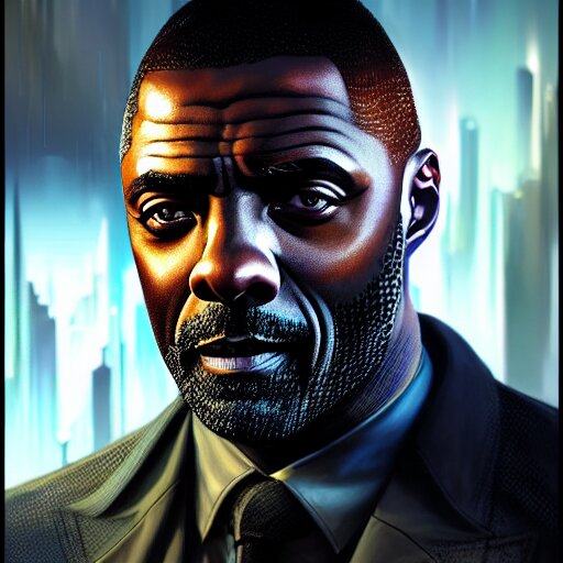 Portrait painting of a cyberpunk corporate boss elven idris elba, ultra realistic, concept art, intricate details, eerie, highly detailed, photorealistic, octane render, 8 k, unreal engine. art by artgerm and greg rutkowski and charlie bowater and magali villeneuve and alphonse mucha