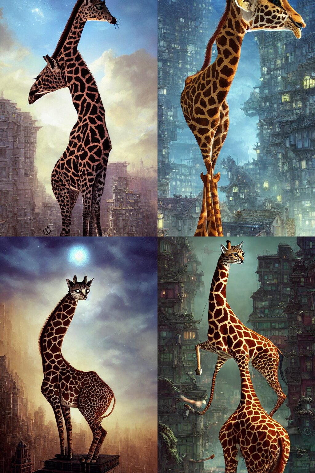 a cat as giraffe standing on the rooftop, fantasy, illustration, intricate, epic lighting, cinematic composition, hyper realistic, 8 k resolution, by artgerm, tooth wu, dan mumford, beeple, wlop, rossdraws, james jean, andrei riabovitchev, marc simonetti, yoshitaka amano, artstation 
