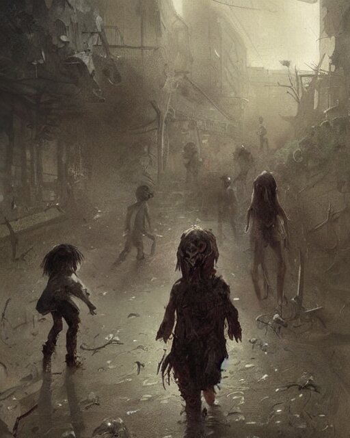 a child zombie walking toward a scared teenager that fell on the ground by jean baptiste monge and greg rutkowski 