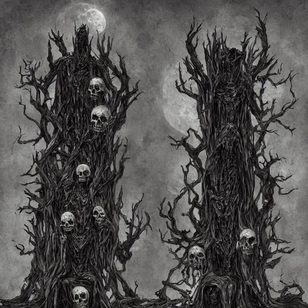 a dark forest wiht skulls