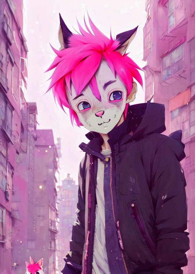 Anime boy with pink hair and wolf ears and freckles stylish clothes in a city | | highly detailed digital art painting by cory loftis, fen