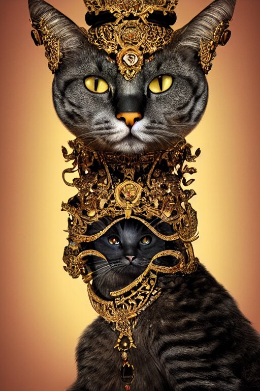 a beautiful empress portrait, with a brilliant, impossible striking big Cat headpiece, clothes made of cats, everything cats, symmetrical, dramatic studio lighting, rococo, baroque, greens, asian, hyperrealism, closeup, D&D, fantasy, intricate, elegant, highly detailed, digital painting, artstation, octane render, 8k, concept art, matte, sharp focus, illustration, art by Artgerm and Greg Rutkowski and Alphonse Mucha
