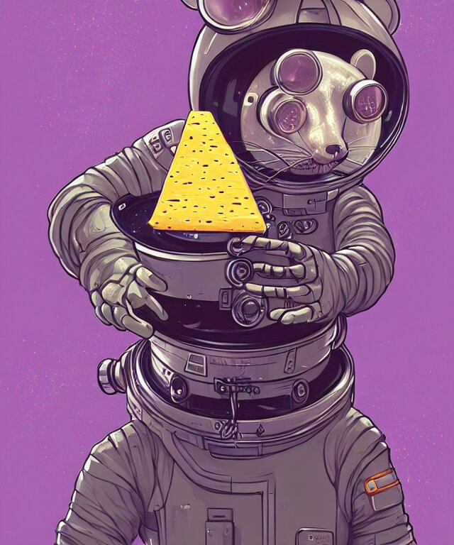 a portrait of an anthropomorphic cyberpunk mouse wearing a spacesuit, holding moon cheese, cyberpunk!, fantasy, elegant, digital painting, artstation, concept art, matte, sharp focus, illustration, art by josan gonzalez