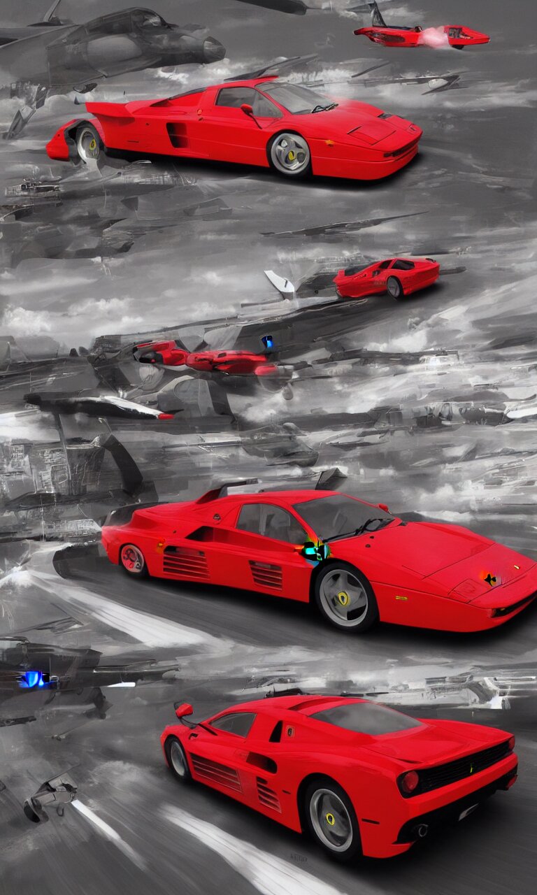 a ferrari testarossa speeding over 3 0 0 mph coming in our direction under the avengers plane on a straight road in le cap - ferret, global illumination lighting artstation