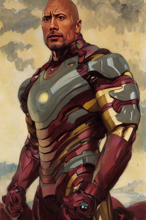 elegant romantic portrait photo of dwayne johnson as iron man by greg manchess, mucha, william adolphe bouguereau, john singer sargent, sorolla, winslow homer, dean cornwell, james gurney, kilin eng, ilya repin,