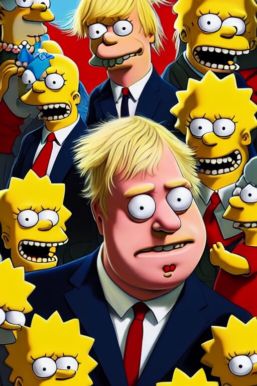 Boris Johnson as a Simpsons character, realistic portrait, symmetrical, highly detailed, digital painting, artstation, concept art, smooth, sharp focus, illustration, cinematic lighting, art by artgerm and greg rutkowski and alphonse mucha