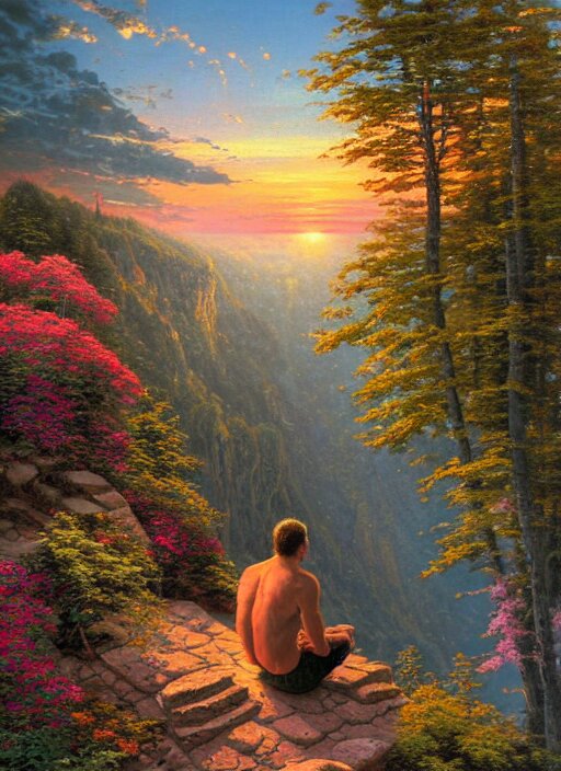 an shaman at the edge of a waterfall, looking down at the valley, doing a vision quest, beautiful sunset, art by thomas kinkade. she's sitting next to a beautiful waterfall, with a sense of peace and calm