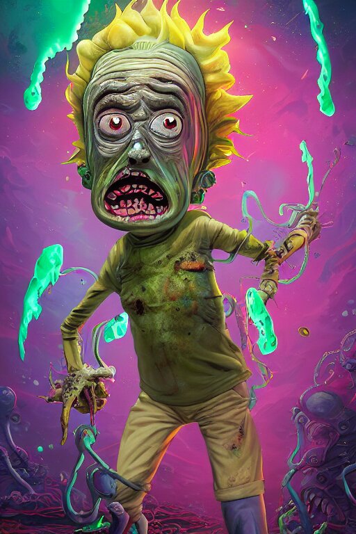 Rick and Morty fused with Cthulhu, the Lovecraft Fat Space Zombie Wearing an Exploding Wig and a Pirate Patch, Laser Eye, and a Photo, Portrait, and 3D, High Details, In intricate details, and with intricate depths of field, Very Coherent Symmetrical Artwork by Vincent Di Fate, ArtGERM Julie Bell Beeple, and 90s. Rick and Morty fused with Cthulhu