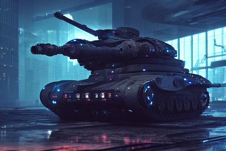 cyberpunk alien concept inspired tank, futuristic look, highly detailed body, very powerful, photorealistic camera shot, bright studio setting, studio lighting, crisp quality and light reflections, unreal engine 5 quality render with more realistic lighting in the studio. change the lighting in the studio to be more realistic