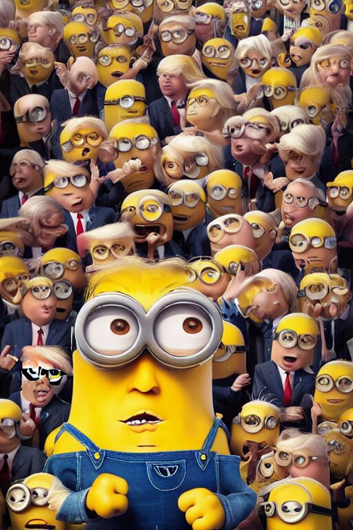 trump as a minion, blond hair, riot background oil on canvas, intricate, portrait, 8 k highly professionally detailed, hdr, cgsociety