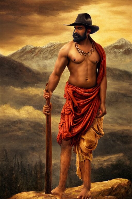 a dramatic epic beautiful painting of a shirtless desi man | he has a lot of body hair and very thick legs | he is wearing a plaid kilt and cowboy hat, and holding a walking stick | background is mountains and clouds | dramatic lighting, golden hour, homoerotic | by mark maggiori and walter crane | trending on artstation