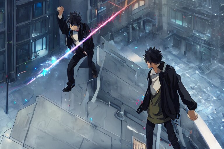 anime young guy in black jacket pointing a railgun at a building, wlop, concept art, digital painting, trending on artstation, highly detailed, epic composition, 8 k uhd 