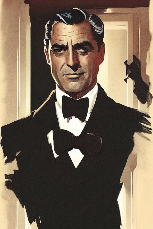 Cary Grant as a superspy, in a black tuxedo, bow tie, dramatic backlighting, autochrome, high contrast, highly detailed, sharp focus, digital painting, concept art, illustration, filmpunk , trending on artstation, art by greg rutkowski and greg hildebrandt, composition by alphonse mucha