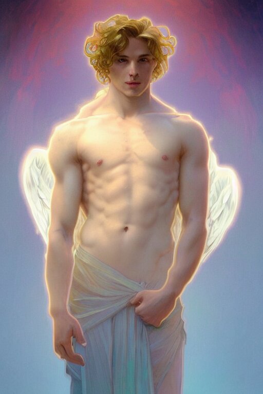 portrait of a beautiful young fit male angel with curly blond hairs, dressed with fluent clothes, luminous scene, by greg rutkowski and alphonse mucha, d & d character, gradient white to cyan, in front of an iridescent background, highly detailed portrait, digital painting, artstation, concept art, smooth, sharp focus ilustration, artstation hq