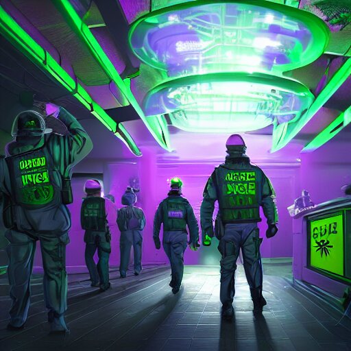 K9 police squad raiding a dense cannabis plant, futuristic, wide shot, dim colors, green yellow purple color palette, ambient lighting, dynamic lighting, cyperpunk art, trending on artstation, 4K, HQ
