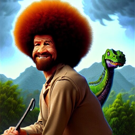 bob ross!!! riding!!! a dinosaur!!, giant afro!, model pose, ultra realistic, concept art, intricate details, highly detailed, photorealistic, octane render, 8 k, unreal engine. art by artgerm and greg rutkowski and alphonse mucha 