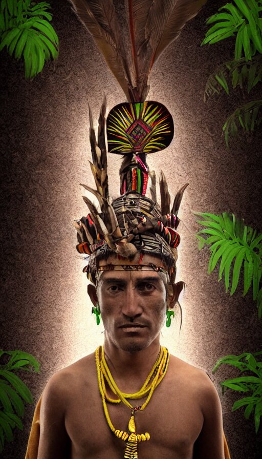 vintage 35mm photo portrait of futuristic Aztec priest with a native look, wide nose, dark eyes with a jungle background in the style of Apocalypto directed by Mel Gibson, jungle, VFX, Octane Renderer, trending on CGSociety, elongated cranium long forehead, lighted LED buttons, stone carvings, neon