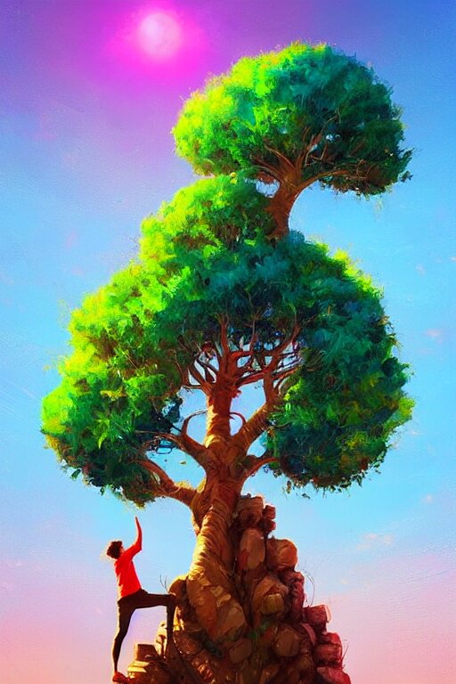 Two people in jubilant love climb a rainbow as the sun shines brightly, 8 k resolution digital painting, vibrant colors, by michael whelan, byalena aenami, behance hd, trending on artstation deviantart. Replace the tree of life with a rainbow