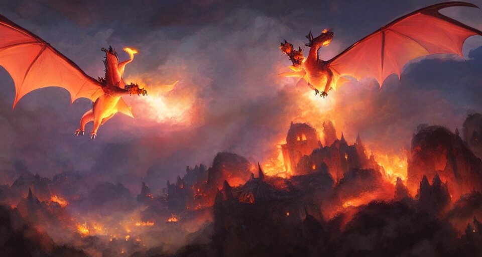 book illustration of flying charizard dragon above the village. dragon with flames coming out of its mouth. volumetric lights by Eddie mendoza and Craig Mullins. Make the dragon have flames coming out of its mouth.