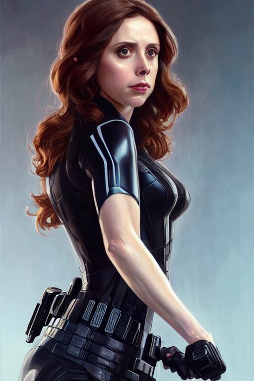 alison brie as black widow, realistic portrait, symmetrical, highly detailed, digital painting, artstation, concept art, smooth, sharp focus, illustration, cinematic lighting, art by artgerm and greg rutkowski and alphonse mucha